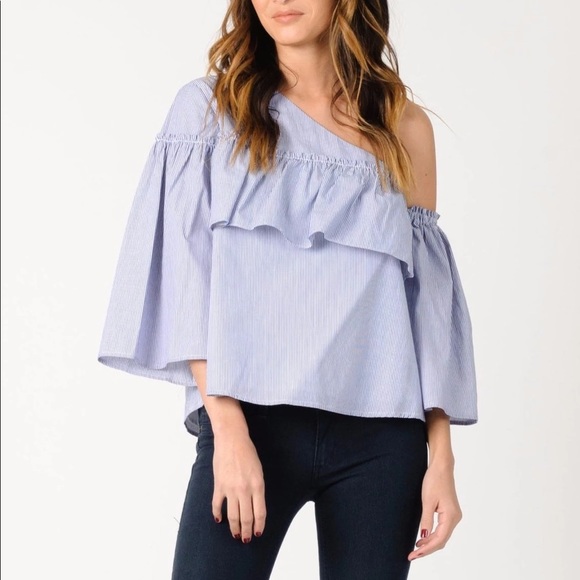 Lucca Adeline One Shoulder Ruffle Top blue white stripe Size Large NWT - Picture 1 of 11